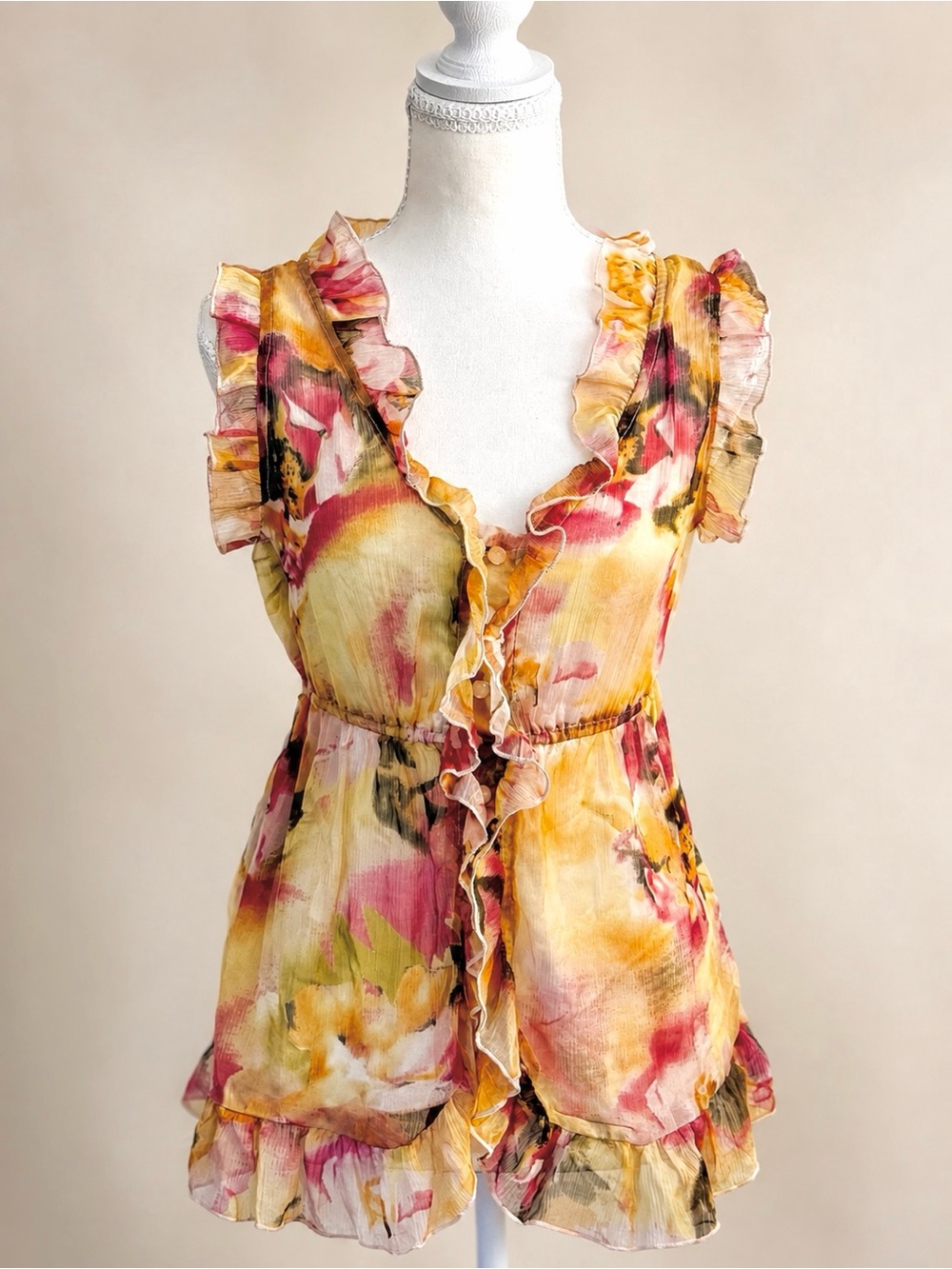 Y2K Passport Sheer Watercolor Floral Ruffle Blouse Top M Runs Small